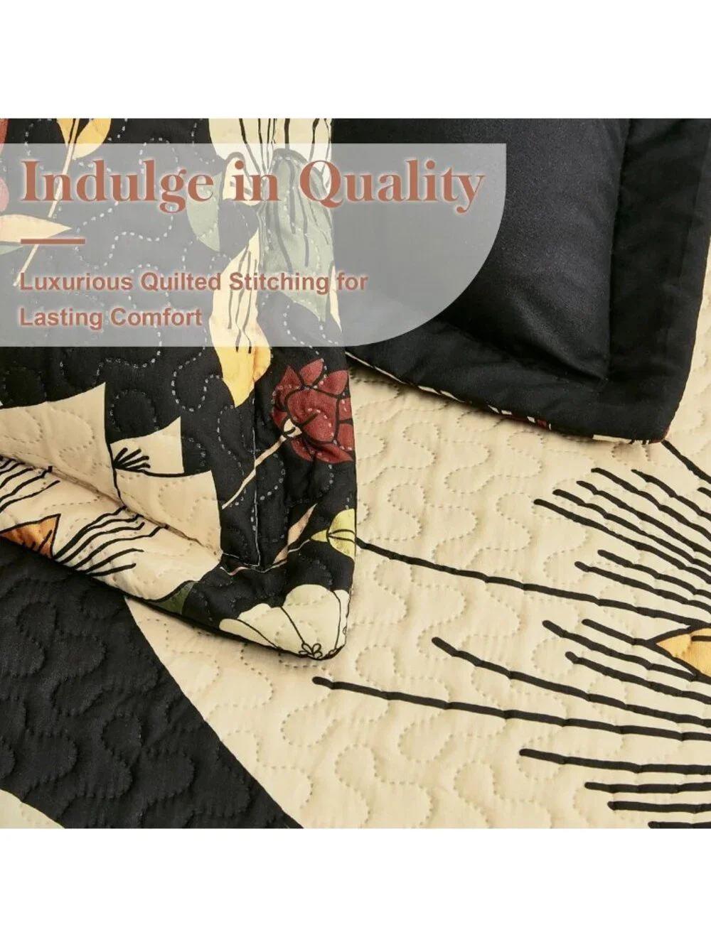 Boho Floral 3-Piece Black Quilt Bedding Set for Full/Queen Size - Cozy & Stylish